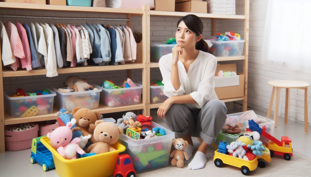 子ども用品をどうするか考える女性